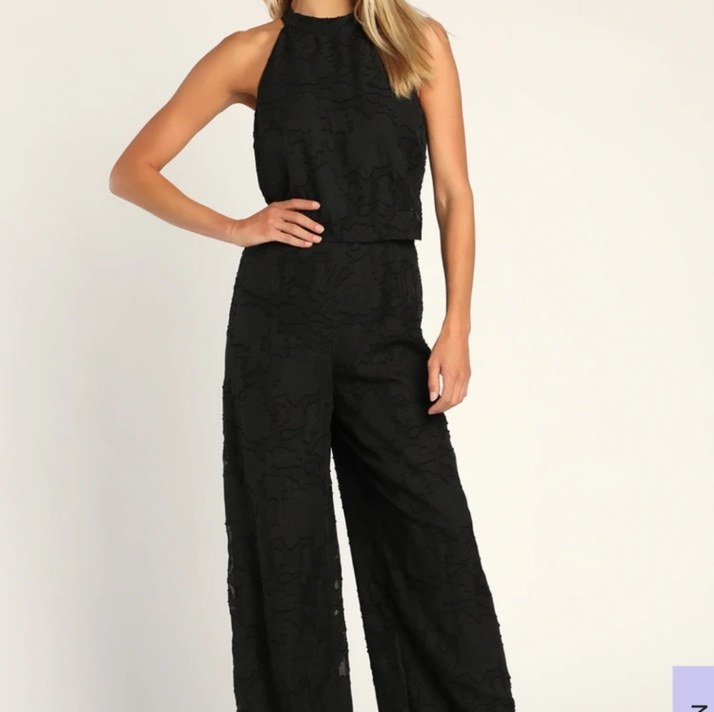 Lulu's Lovely for Today Black Floral Burnout Mock Neck Jumpsuit